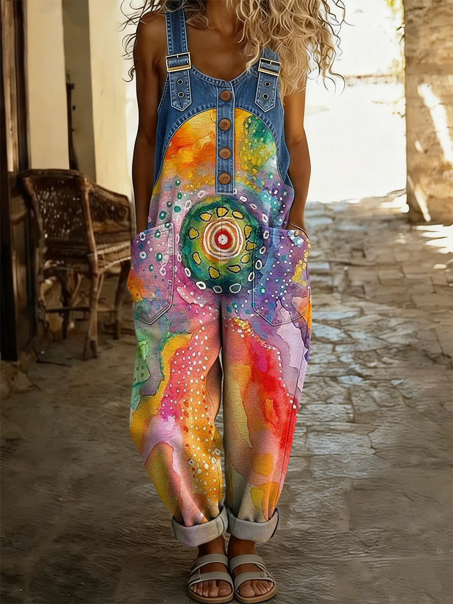 Women's Retro Colorful Art Print Casual Sleeveless Denim Patchwork Jumpsuit